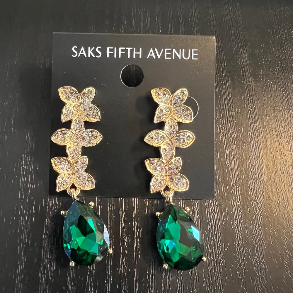 Saks Fifth Avenue Gold/Emerald Flower Drop Earrings